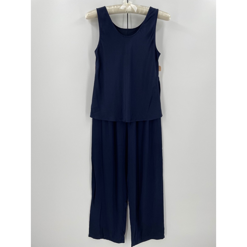 Lilysilk 100% Mulberry Silk Pajama Set Small Navy Tank Wide Leg Pants